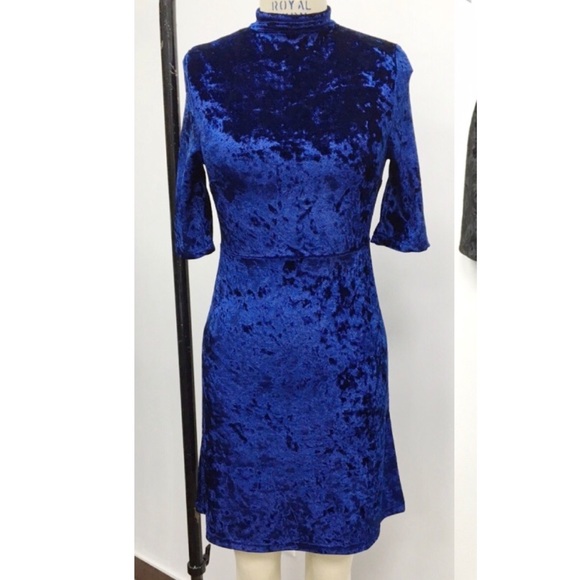 Velvet mock neck dress: blue - Picture 2 of 5